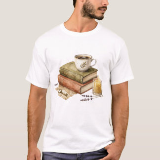 Cosy Dark Academia Books with Coffee Candle and Vi T-Shirt