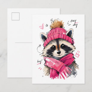 Cosy Day Cute Racoon with Winter Hat & Scarf Postcard