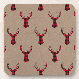 Cosy Deer Kraft Plaid Christmas Coaster