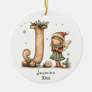 Cosy Fairy Christmas Initial Personalised Holiday  Ceramic Ornament