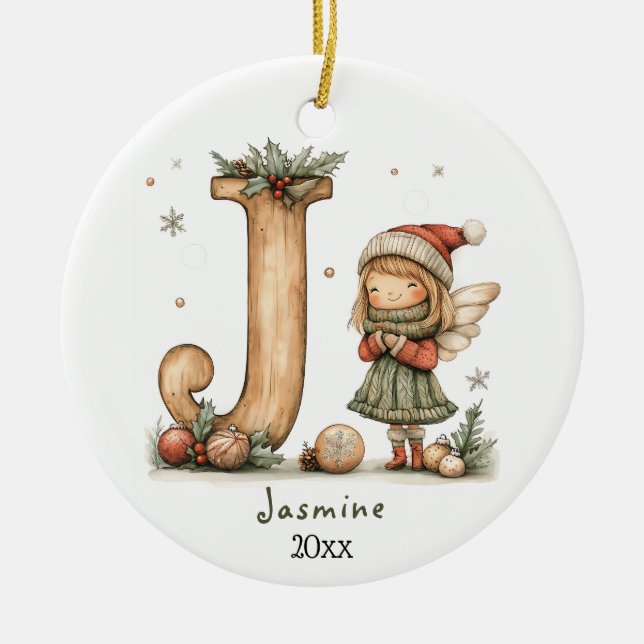 Cosy Fairy Christmas Initial Personalised Holiday  Ceramic Ornament (Front)