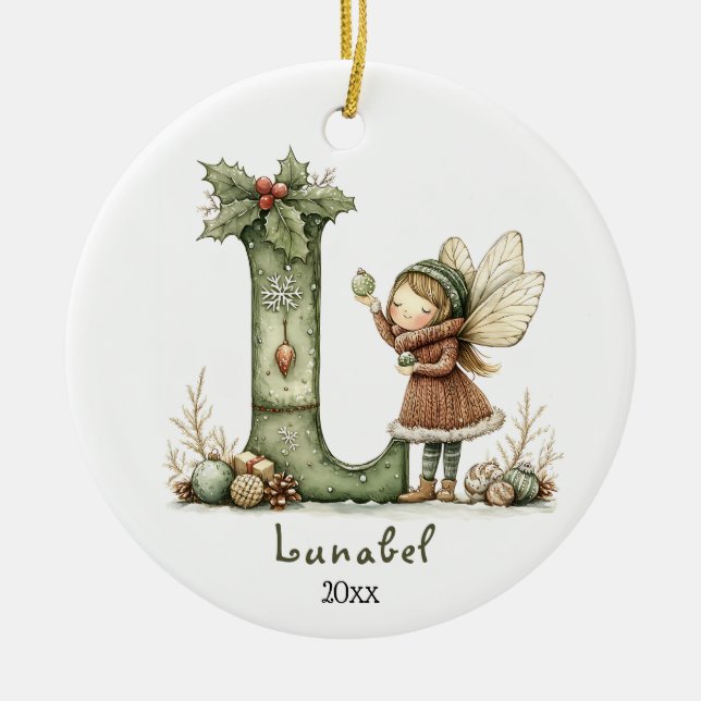 Cosy Fairy Christmas Initial Personalised Holiday  Ceramic Ornament (Front)