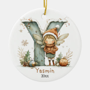 Cosy Fairy Christmas Initial Personalised Holiday  Ceramic Ornament