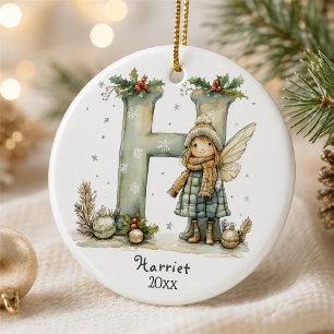 Cosy Fairy Christmas Initial Personalised Holiday Ceramic Ornament
