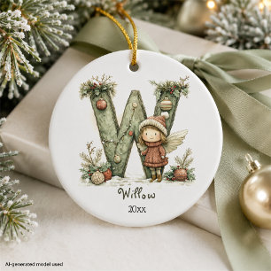 Cosy Fairy Christmas Initial Personalised Holiday Ceramic Ornament