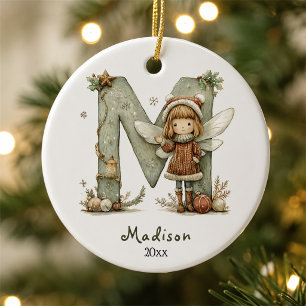 Cosy Fairy Christmas Initial Personalised Holiday Ceramic Ornament