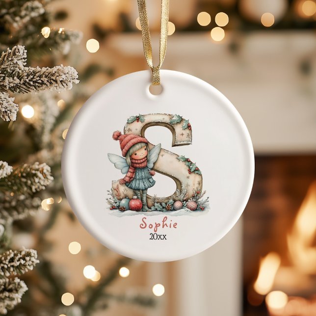 Cosy Fairy Christmas Initial Personalised Holiday  Ceramic Ornament (Creator Uploaded)
