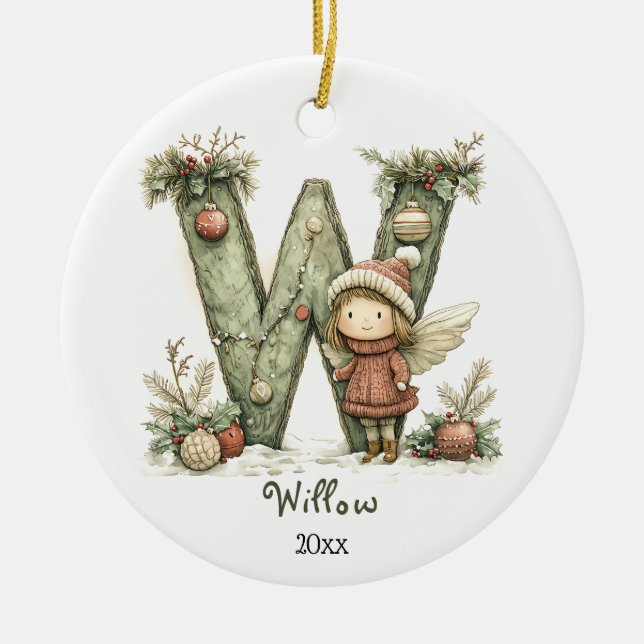 Cosy Fairy Christmas Initial Personalised Holiday  Ceramic Ornament (Front)