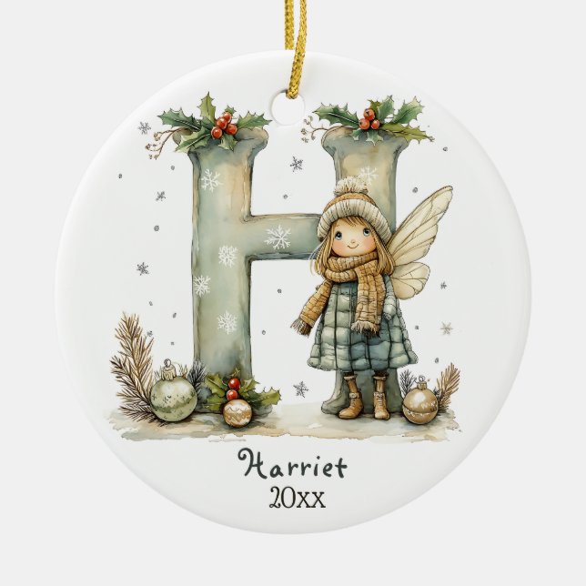 Cosy Fairy Christmas Initial Personalised Holiday  Ceramic Ornament (Front)