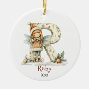 Cosy Fairy Christmas Initial Personalised Holiday Ceramic Ornament