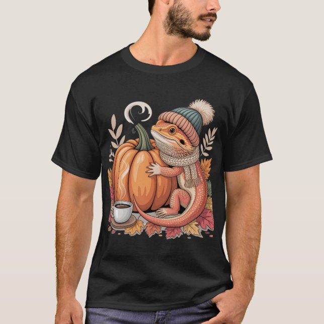 Cosy Fall Bearded Dragon with Coffee Art T-Shirt (Front)