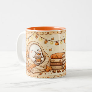 Cosy Fall Books Pumpkin Ghost Illustration Two-Tone Coffee Mug