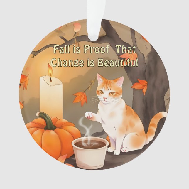 Cosy Fall Cat with Pumpkin Neutral Colour Ornament (Front)