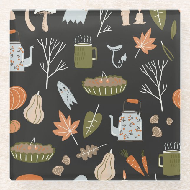 Cosy Fall Elements: Warm Pattern. Glass Coaster (Front)