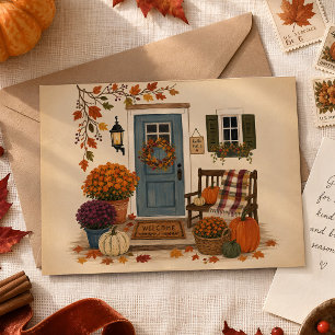 Cosy Fall Front Porch Pumpkin Wreath Illustration Postcard