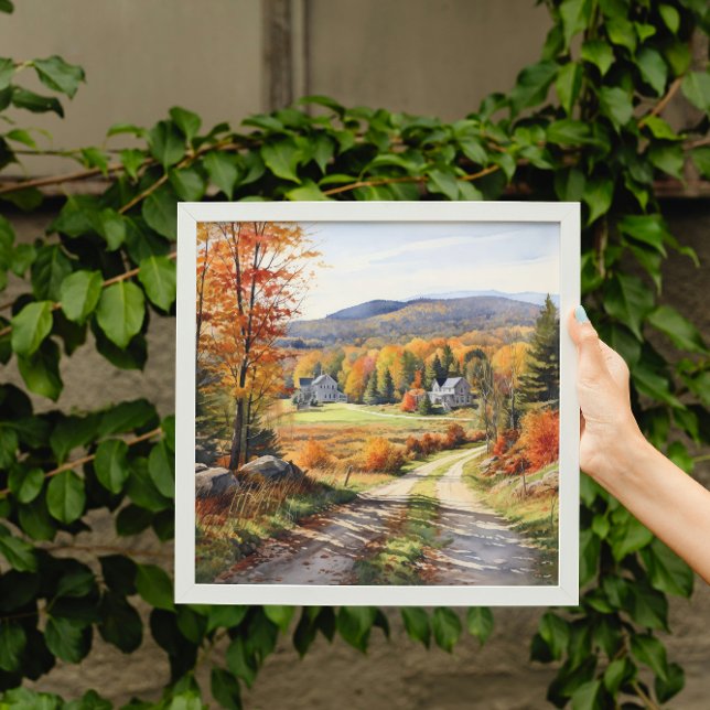 Cosy Fall In Vermont Farm Watercolor Art Poster (Creator Uploaded)