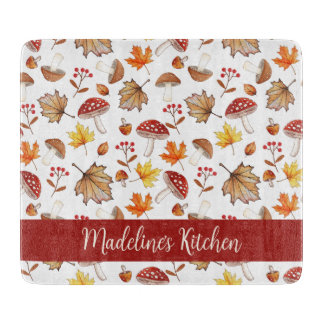 Cosy Fall Leaves and Mushrooms Personalised Cutting Board