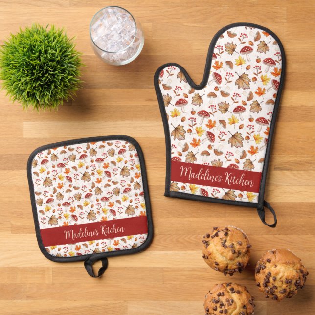 Cosy Fall Leaves and Mushrooms Personalised Oven Mitt & Pot Holder Set (Top Down)
