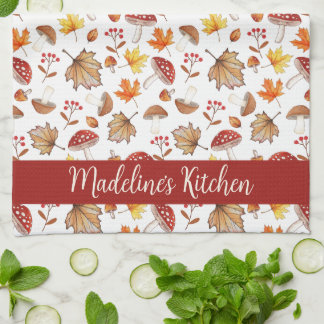 Cosy Fall Leaves and Mushrooms Personalised Tea Towel