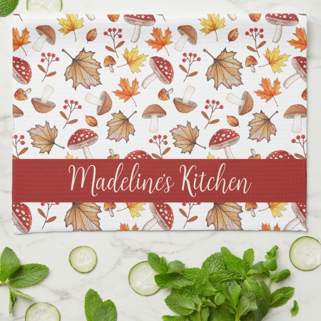 Cosy Fall Leaves and Mushrooms Personalised Tea Towel (Folded)
