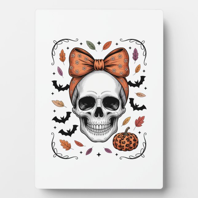 Cosy Fall Skull Coquette Bow, Autumn Plaque (Front)