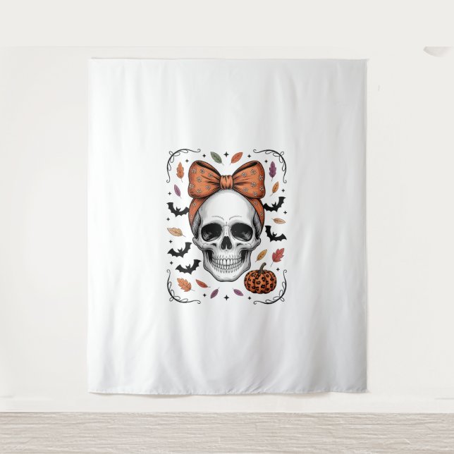 Cosy Fall Skull Coquette Bow, Autumn Tapestry (Front)