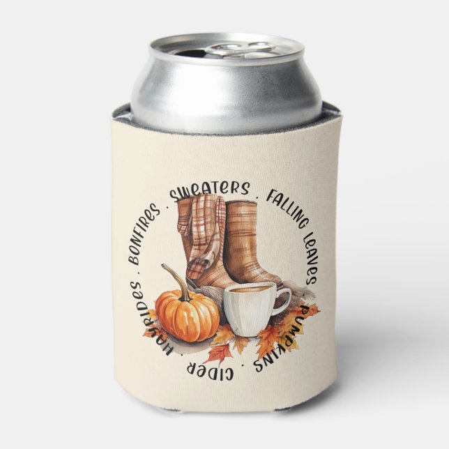 Cosy Fall Vibes – Boots, Pumpkin Spice, Bonfires Can Cooler (Can Front)