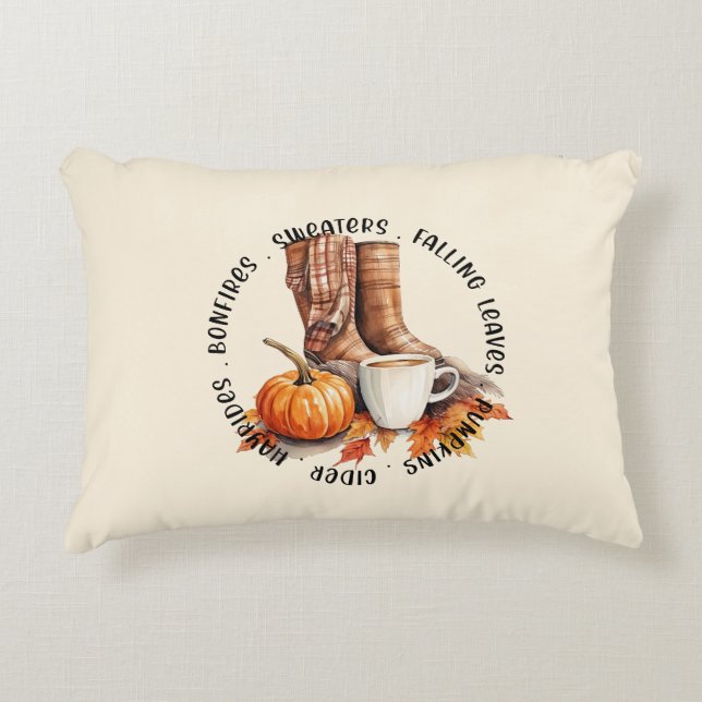 Cosy Fall Vibes – Boots, Pumpkin Spice, Bonfires Decorative Cushion (Front)