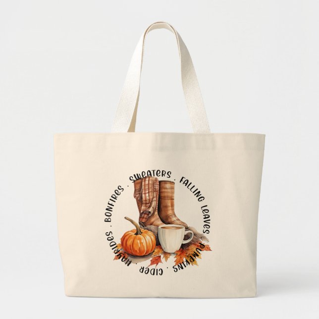 Cosy Fall Vibes – Boots, Pumpkin Spice, Bonfires Large Tote Bag (Front)