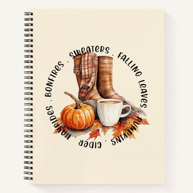 Cosy Fall Vibes – Boots, Pumpkin Spice, Bonfires Notebook (Front)