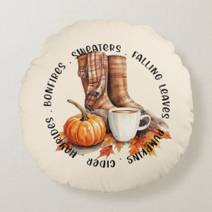 Cosy Fall Vibes – Boots, Pumpkin Spice, Bonfires Round Cushion