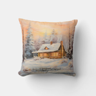 Cosy Farmhouse In a Snowy Landscape Painting Art Cushion