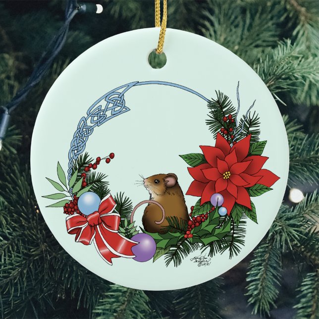 Cosy Festive Illustrative Christmas Mouse Wreath Ceramic Ornament (Creator Uploaded)