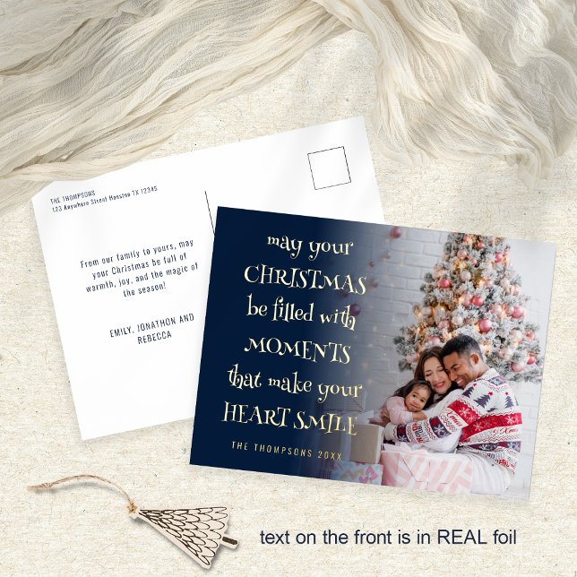 Cosy Festive Quote Photo Overlay Navy Christmas Foil Holiday Postcard (Front and back view. Real foil printing for the text on the front in gold, rose gold or silver)