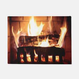 Cosy Fire Fireplace Burning Logs Flames Christmas Doormat