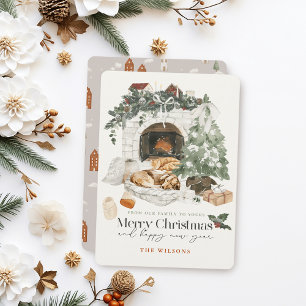 Cosy Fireplace Christmas Tree Cat & Dog Christmas Holiday Card