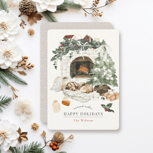 Cosy Fireplace Christmas Tree Dog Photo Collage Holiday Card