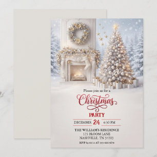 Cosy Fireplace Christmas Tree Party Invitation
