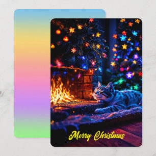 Cosy fireplace cute cat Merry Christmas Invitation