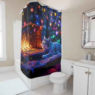Cosy fireplace cute cat Merry Christmas Shower Curtain
