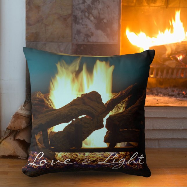 Cosy Fireplace Fire Bright Script Green Christmas Cushion (Creator Uploaded)
