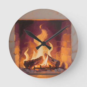 Cosy Fireplace Flames Round Clock