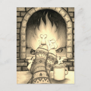 Cosy Fireplace Mice on Socks Sepia Postcard
