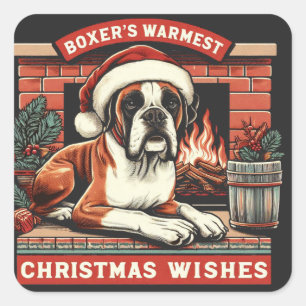 Cosy Fireplace Scene Vintage Boxer Dog Christmas Square Sticker