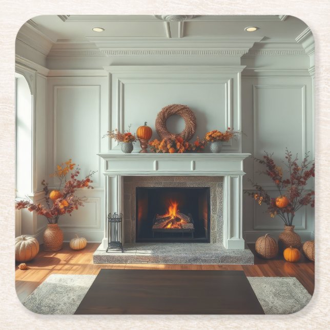 Cosy fireplace square paper coaster (Front)