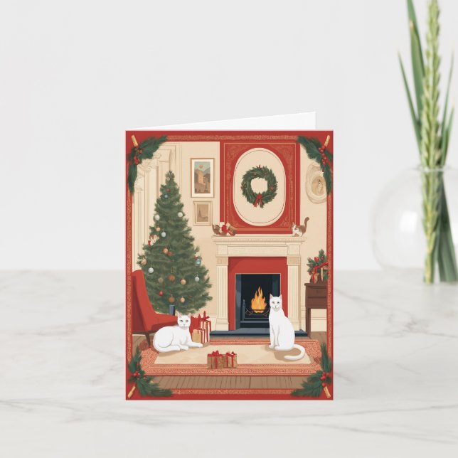Cosy Fireside - Classicism Vintage Christmas Cat Holiday Card (Front)