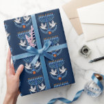 Cosy Folk Art Hanukkah Menorah and Peace Dove Wrapping Paper<br><div class="desc">Cosy folk art style menorah and peace dove perfect for a happy Hanukkah holiday celebration. Traditional blue and white colour scheme with grey,  red and yellow accents.</div>