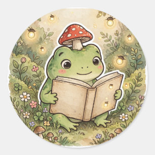 Cosy Frog Reading a Book — Cottagecore Mushroom Ha Classic Round Sticker