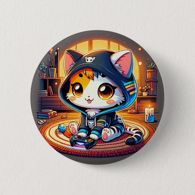 Cosy Gamer Cat  in a Hoodie 6 Cm Round Badge (Front)