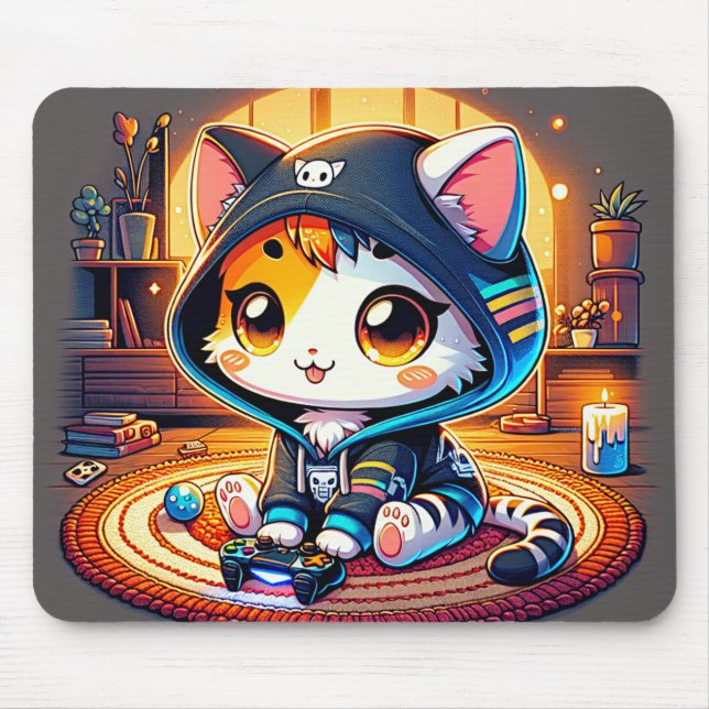 Cosy Gamer Cat  in a Hoodie Mouse Pad (Front)